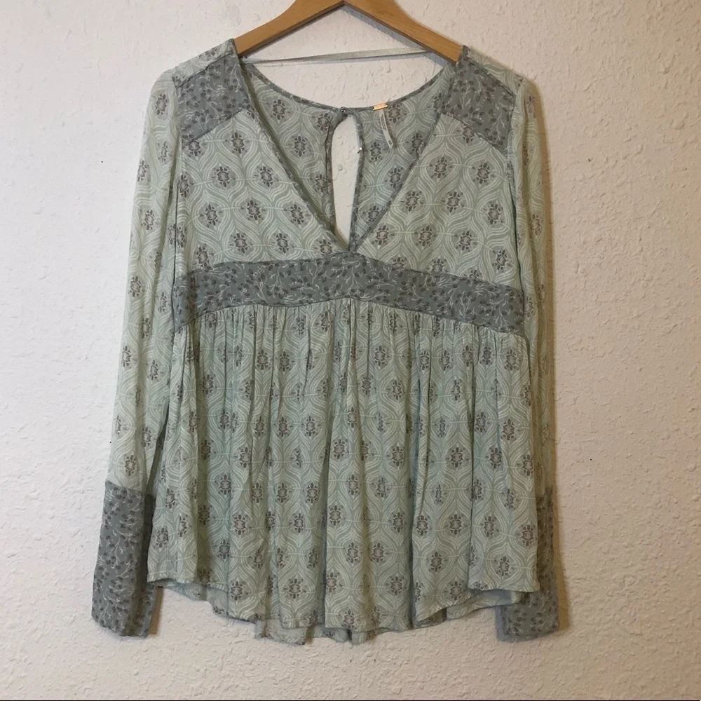 Free People Rolling Hills Bohemian Mint Green Blue Floral Top XS